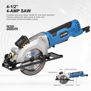 G LAXIA Mini Circular Saw, 4Amp 3500RPM Corded Circular Saw with Laser Guide, Rip Guide, Compact Saw with 2Pcs 24T TCT Blades for Wood Cuts