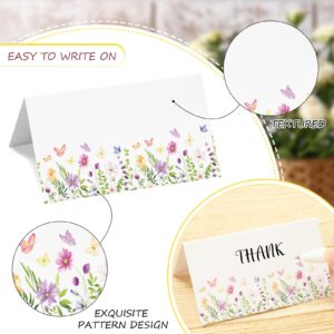 Whaline 100Pcs Floral Place Cards 3.5 x 2 Inch Wildflower Butterfly Tented Cards Seating Cards Blank Table Name Signs for Spring Holiday Buffet Party Table Setting Supplies