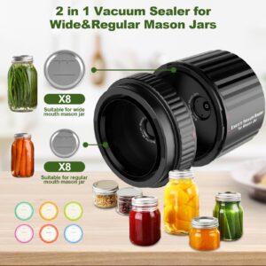 Electric Mason Jar Vacuum Sealer Auto Shut Off Jar Vacuum Sealer for Mason Jars Regular and Wide Mouth Intelligent Canning Vacuum Sealer Machine with 8 + 8 Jar Lids, Seconds and Battery Display