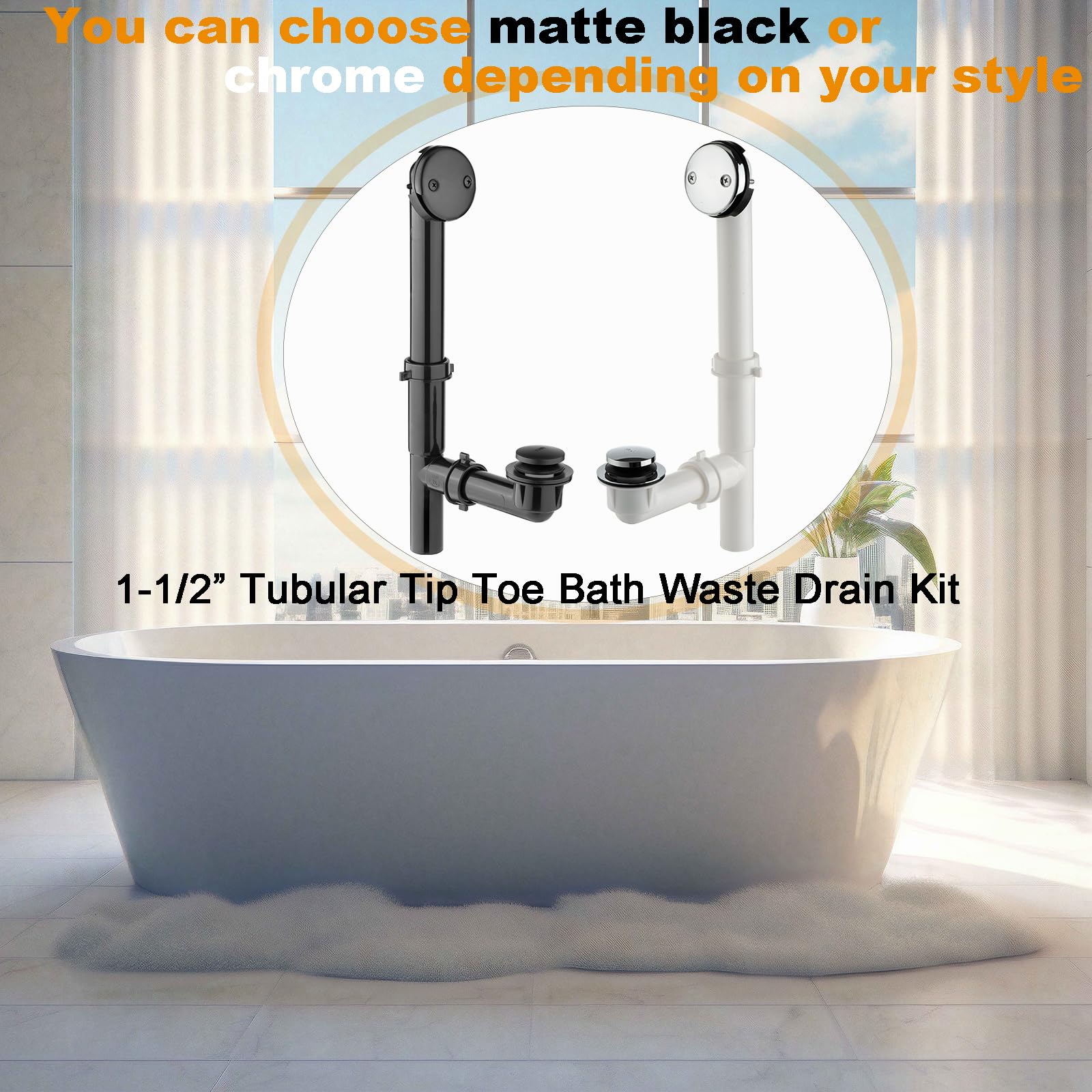 (1 Pack) Yariwiz 1-1/2" Polished Chrome Bathtub Tub Drain Kit Bath Waste Overflow Drain Tube Assembly with Touch-Toe Tub Drain Stopper and Overflow Faceplate Polished Chrome