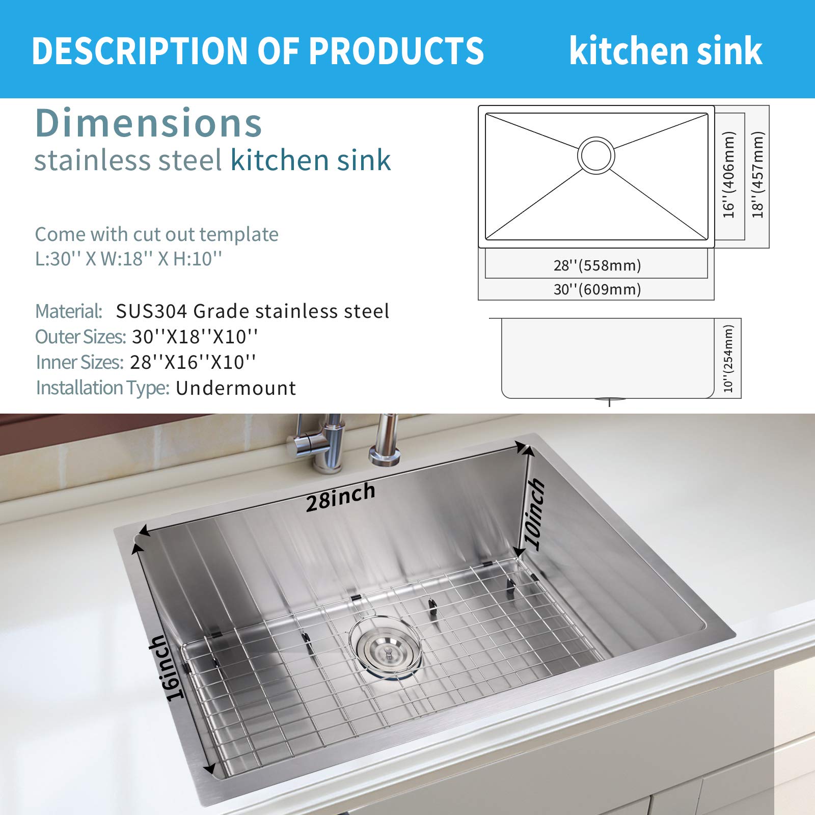 YSSOA 30-Inch Undermount Workstation Kitchen Sink, 20 Gauge Single Bowl Stainless Steel with Accessories (Pack of 3 Built-in Components), Silver