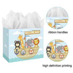 13" Large Baby Gift Bag with Card and Tissue Paper for Baby Shower,Kids Birthday (Animal)