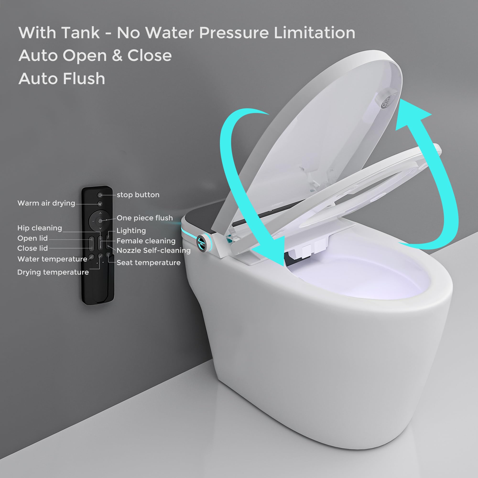 Auto Open/Close Lid Smart Toilet Bidet with Built-in Tank, Auto Flush & Wash, Elongated Heated Seat, Adjustable Water Temperature, and LED Light (1.28GPF)