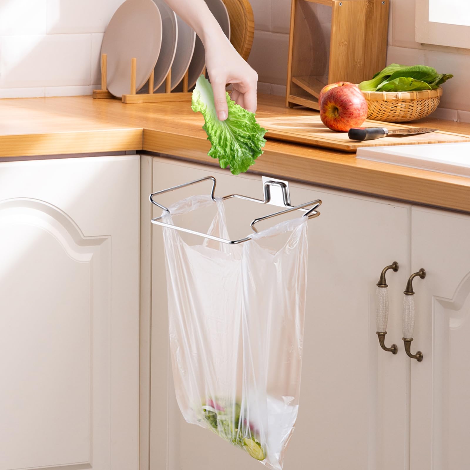 Daily Treasures Large Stainless Steel Trash Bag Holder (with Storage Bag) for Kitchen Cabinets Doors and Cupboards, 9.4"x5.9" Kitchen Trash Cans,Plastic Bag Holder