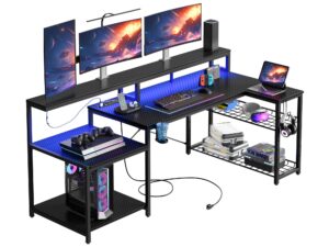 bestier gaming desk with power outlet, 71.5 inch led computer desk with monitor stand, l shaped large desk with metal shelf, cup holder & headset hooks, corner desk for bedroom 3d carbon fiber