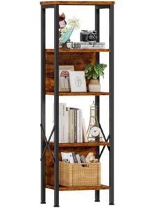 furologee 5 tier bookshelf with back, tall narrow bookcase, rustic standing shelf units, metal and wood display storage rack organizer for bedroom, living room, home office, entryway