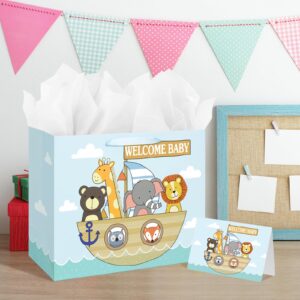 13" Large Baby Gift Bag with Card and Tissue Paper for Baby Shower,Kids Birthday (Animal)