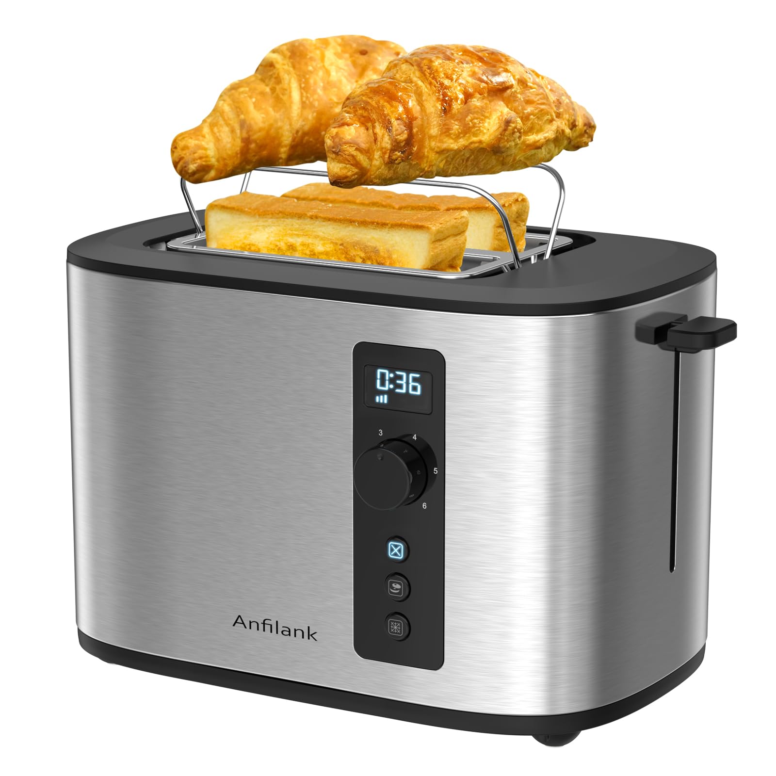 Anfilank Extra Wide Slot 2-Slice Toaster with Digital Countdown Timer, Stainless Steel, 6 Browning Settings, Built-in Warming Rack, Cancel/Bagel/Defrost Functions