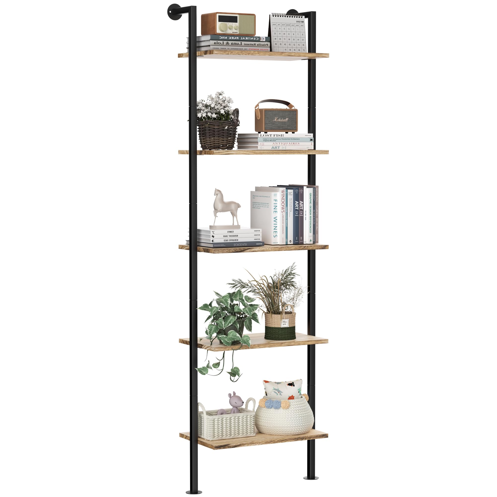 5-Tier Bookshelf Solid Wood Ladder Shelf, Narrow Book shelf Display Shelf, Wooden Ladder Shelf Bookcase, Wall Mount Ladder Shelf, Storage Rack for Living Room, Bedroom, Industrial Style, Rustic Brown