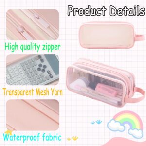 ACEIOT Large Capacity Mesh Pencil Case, Cute Pencil Case for Kids Students, Transparent Makeup Bag, Aesthetic Pencil Case Pouch, Preppy Pencil Case, Pink Pencil Pouch, Stationery Storage Bag