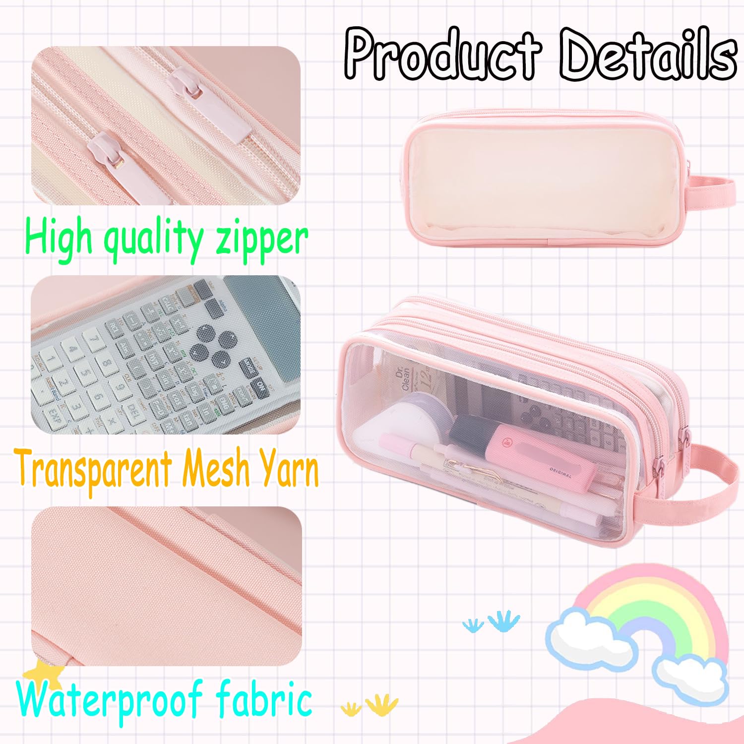 ACEIOT Large Capacity Mesh Pencil Case, Cute Pencil Case for Kids Students, Transparent Makeup Bag, Aesthetic Pencil Case Pouch, Preppy Pencil Case, Pink Pencil Pouch, Stationery Storage Bag