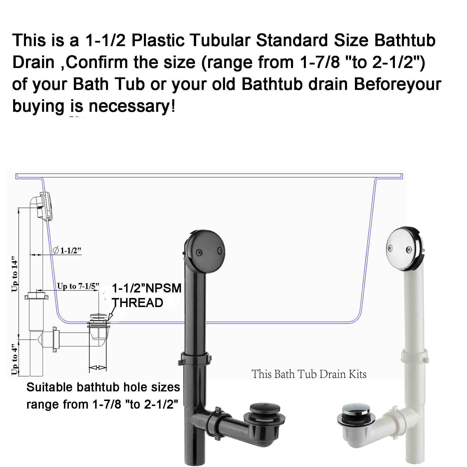 (1 Pack) Yariwiz 1-1/2" Polished Chrome Bathtub Tub Drain Kit Bath Waste Overflow Drain Tube Assembly with Touch-Toe Tub Drain Stopper and Overflow Faceplate Polished Chrome