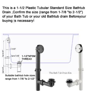 (1 Pack) Yariwiz 1-1/2" Matte Black Bathtub Tub Drain Kit Bath Waste Overflow Drain Tube Assembly with Touch-Toe Tub Drain Stopper and Overflow Faceplate Matte Black