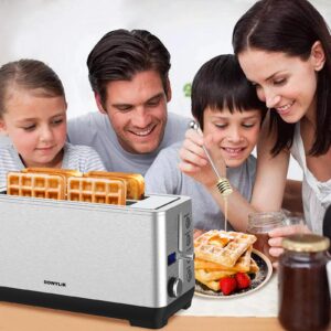 DOWYLIK Toaster 4 Slice, Extra-Wide Long Slot 4 Slice Toaster with Countdown Timer, Bagel/Reheat/Defrost/Cancel Functions, 6 Browning Setting, 1500W Brushed Stainless Steel