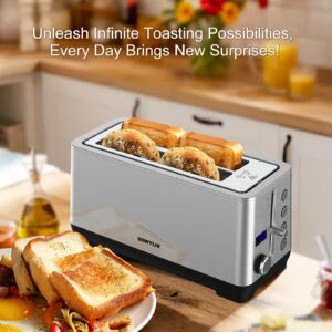 DOWYLIK Toaster 4 Slice, Extra-Wide Long Slot 4 Slice Toaster with Countdown Timer, Bagel/Reheat/Defrost/Cancel Functions, 6 Browning Setting, 1500W Brushed Stainless Steel