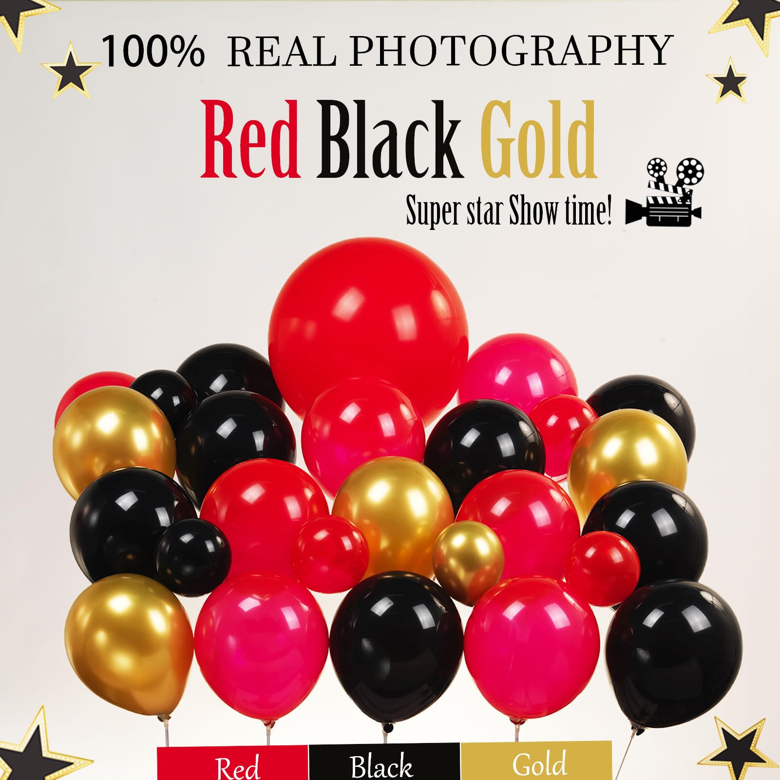 Movie Night Themed Balloon Garland Arch Set 119pcs Red Black Gold with Mylar Camera Stars Popcorn Movie Clapperboard Balloons for Birthday Movie Theme 2025 Graduation Party Decorations