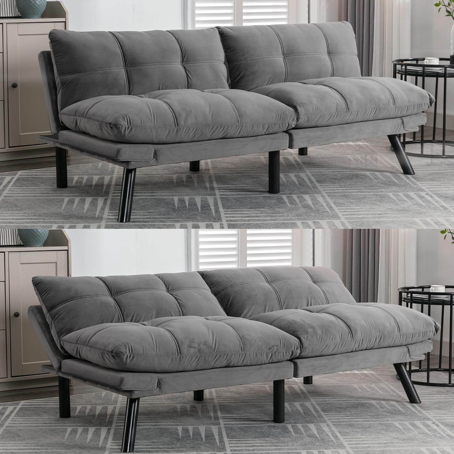 Modern Velvet Convertible Folding Futon Couch Sofa Bed Adjustable Pillow Top Arm Memory Foam Couch Double Loveseat Sofa for Compact Living Space,Dorm,Game Studio,Apartment,Bedroom (Light Grey)