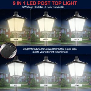 LED Top Pole Parking Lot Light, Commercial Area Street Lights AC100-277V, 30W-50W-100W Power Tunable,3000K-4000K-5000K CCT Color Tunable, IP65 Waterproof LED Post Top Lmap