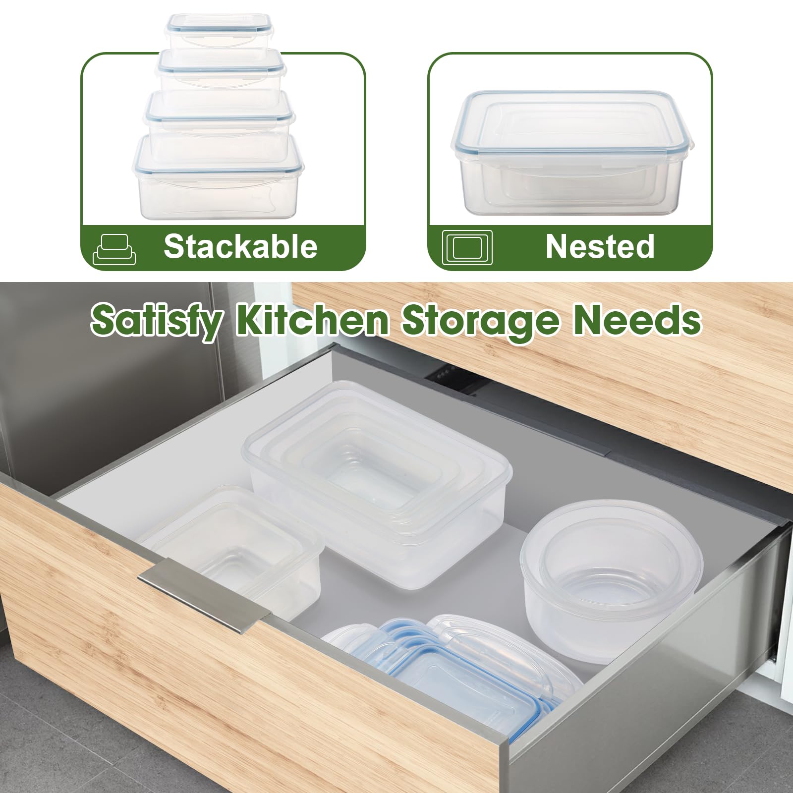 YASHE Food Storage Containers 16PCS (8 Containers + 8 Lids), Airtight Plastic Food Containers with Lids, Pantry & Kitchen Containers, Leak-Proof, BPA Free, Microwave & Freezer Safe