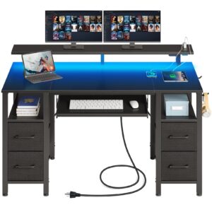 seventable computer desk 47.2" with led lights & power outlets, home office desk with 4 drawers, writing desk with keyboard tray, study desk with monitor stand, work desk for home office, black