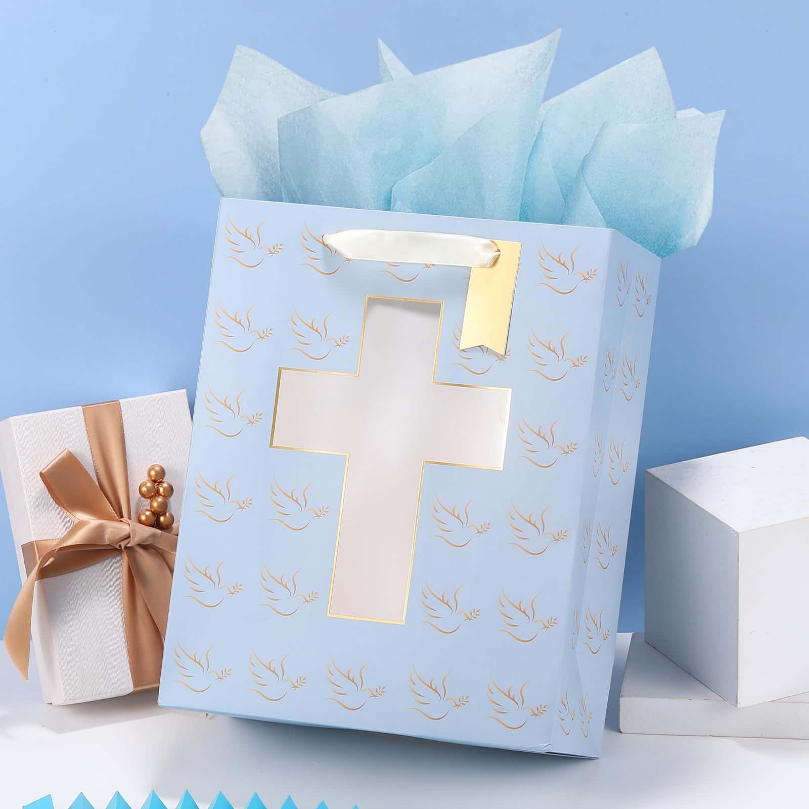 Sawnfay Blue Gift Bag - 10" x 5" x 13", for Baby Boy Baptism, Christening, First Communion, Religious Events, with Cross cut window Design and Tissue Paper