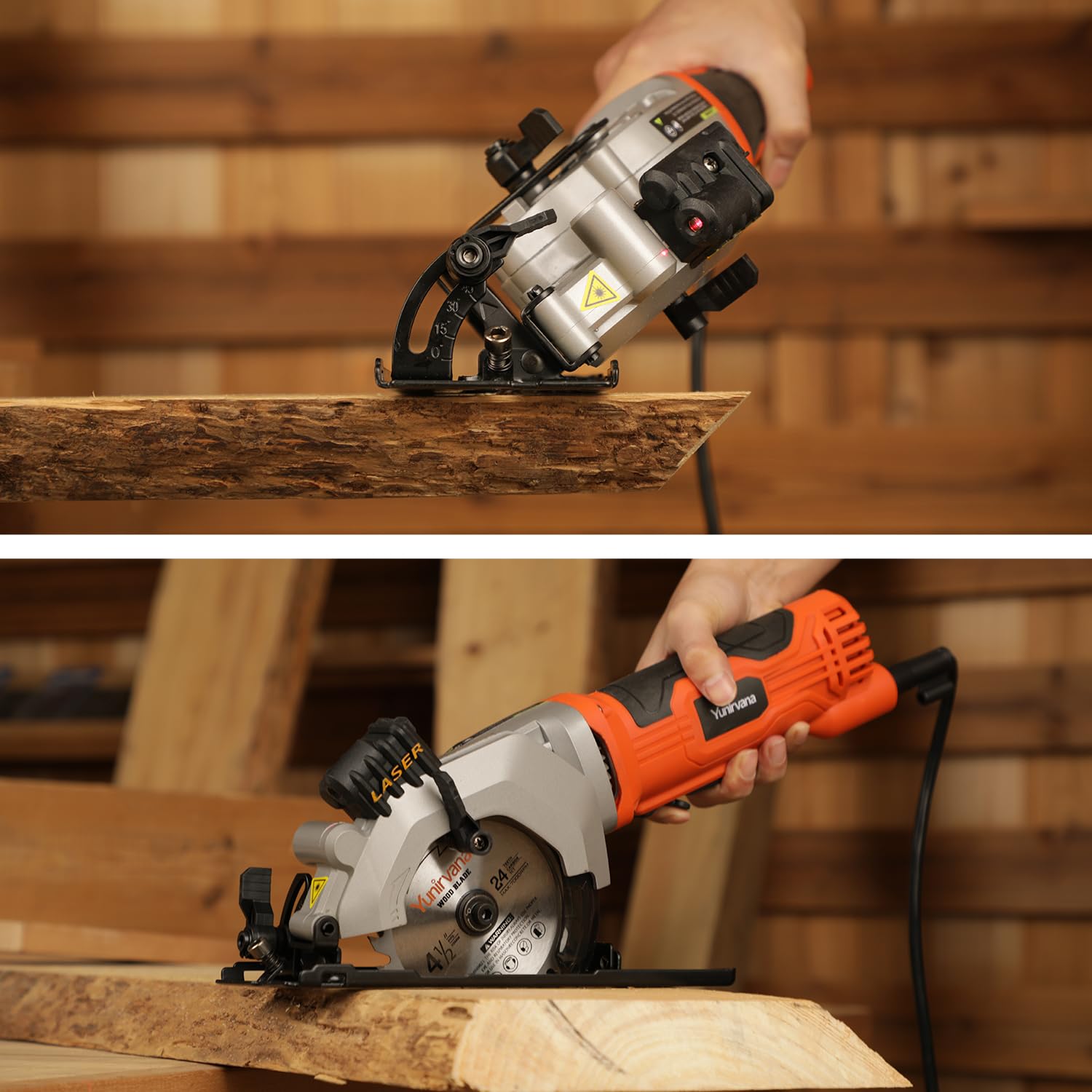 Yunirvana 4Amp 3500RPM Mini Circular Saw with Laser Guide, Vacuum Adapter, Blade Wrench and Rip Guide, Max. Cutting Depth1-5/8"(90°), 1-1/10"(45°）Compact Saw with 2 pcs 4-1/2" 24T TCT Blades