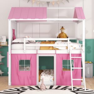 Harper & Bright Designs Full Over Full Bunk Beds for Kids,Wood Sweet Heart Novelty Bunk Bed with Elegant Windows, Sills and Tent,House Bunk Beds for Girls,Boys,Pink+White