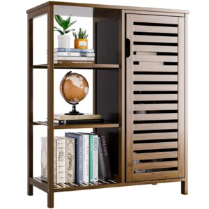 hitnet bathroom storage cabinet bamboo, free standing floor cabinet, kitchen cupboard side storage organizer with shutter door and 3 side shelves, walnut