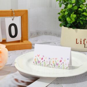 Whaline 100Pcs Floral Place Cards 3.5 x 2 Inch Wildflower Butterfly Tented Cards Seating Cards Blank Table Name Signs for Spring Holiday Buffet Party Table Setting Supplies