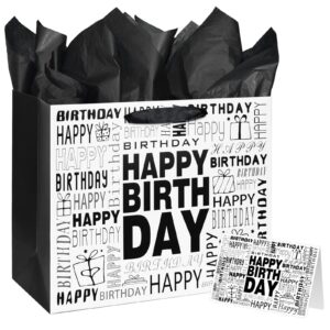 13" large black and white happy birthday gift bag with tissue paper and card for men women birthday