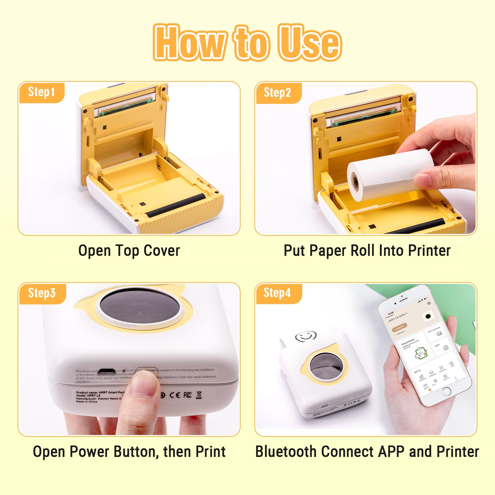 HPRT L8 Sticker Printer Mini Printer Portable Thermal Printer with 1Thermal Paper and 3 Sticker Rolls,Label Maker Machine for Pictures Printing,List,Study Notes,DIY,Receipts - Yellow