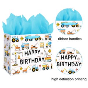 13" Large Happy Birthday Gift Bag for Baby Boy Kids with Tissue Paper and Card (Construction Vehicle)