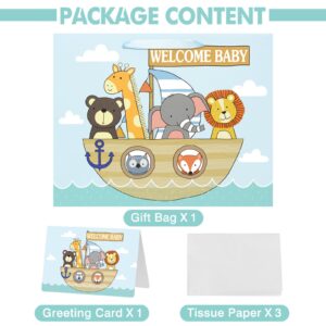 13" Large Baby Gift Bag with Card and Tissue Paper for Baby Shower,Kids Birthday (Animal)