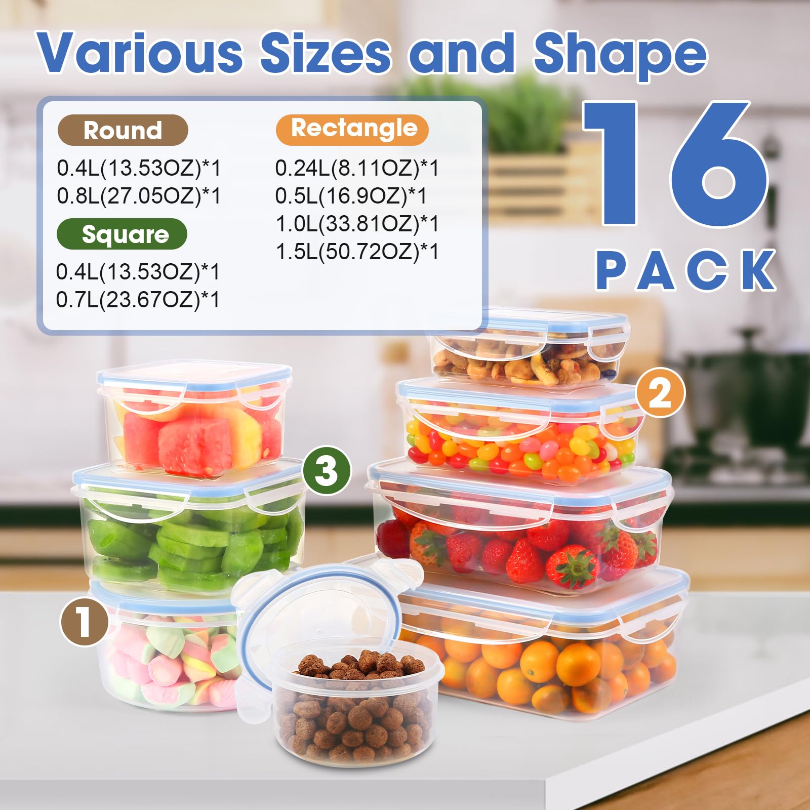 YASHE Food Storage Containers 16PCS (8 Containers + 8 Lids), Airtight Plastic Food Containers with Lids, Pantry & Kitchen Containers, Leak-Proof, BPA Free, Microwave & Freezer Safe