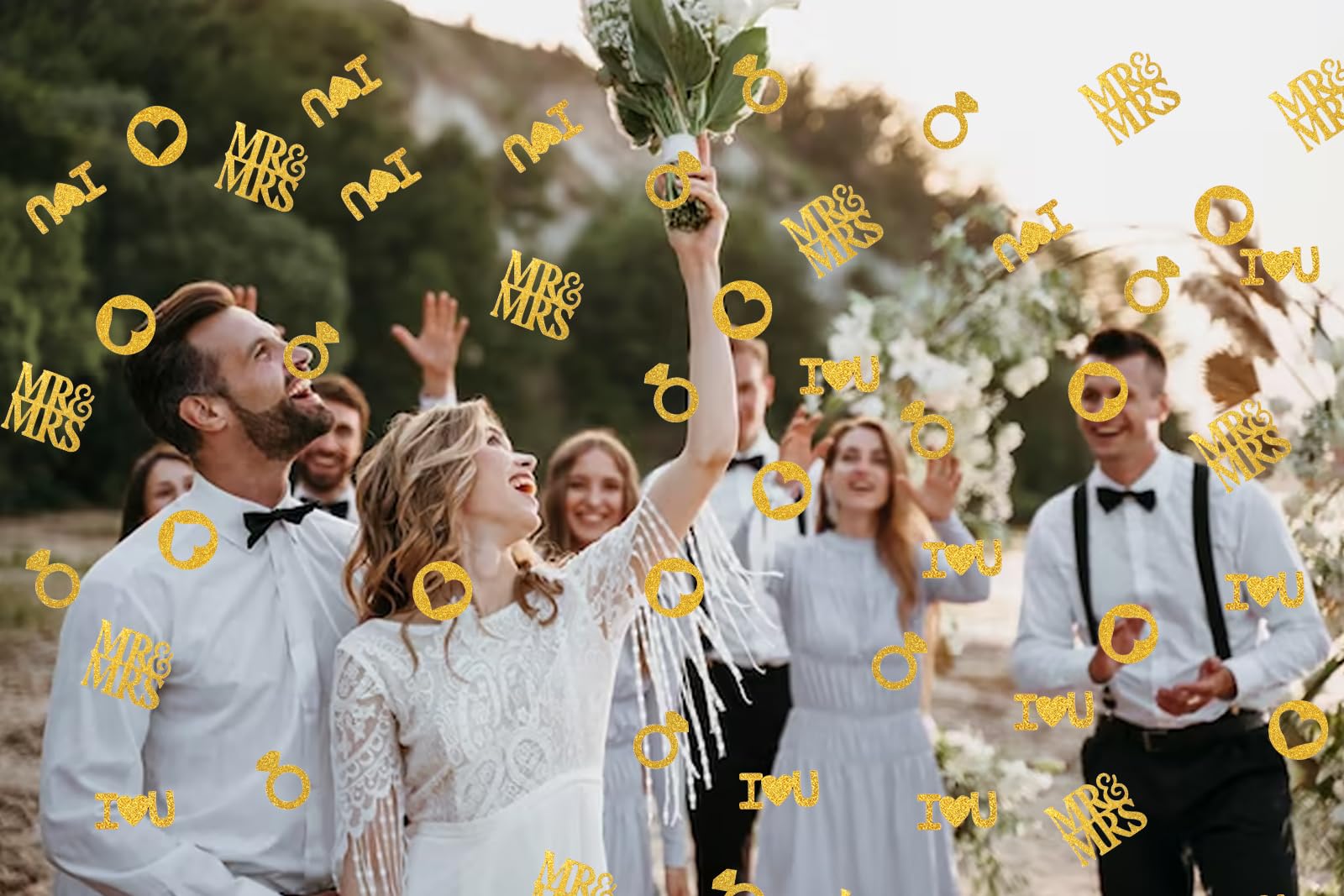 ABTOLS 200pcs Gold Wedding Table Confetti, Glitter Paper Heart Diamond Ring Confetti for Bridal Shower Decoration I Love U Mr and Mrs Confetti or Valentines Day Engagement Party Table Scatter