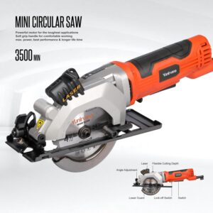 Yunirvana 4Amp 3500RPM Mini Circular Saw with Laser Guide, Vacuum Adapter, Blade Wrench and Rip Guide, Max. Cutting Depth1-5/8"(90°), 1-1/10"(45°）Compact Saw with 2 pcs 4-1/2" 24T TCT Blades