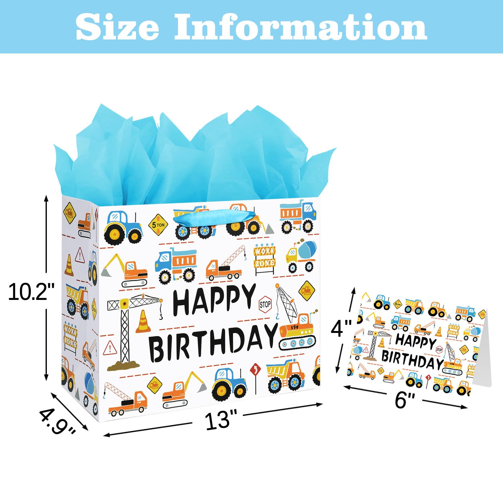 13" Large Happy Birthday Gift Bag for Baby Boy Kids with Tissue Paper and Card (Construction Vehicle)