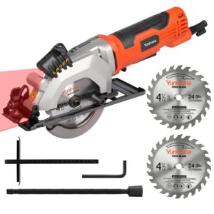 yunirvana 4amp 3500rpm mini circular saw with laser guide, vacuum adapter, blade wrench and rip guide, max. cutting depth1-5/8"(90°), 1-1/10"(45°）compact saw with 2 pcs 4-1/2" 24t tct blades