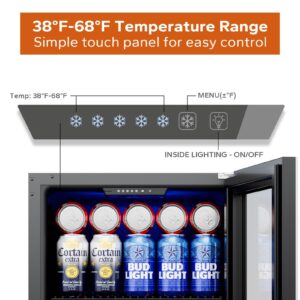 Ca'Lefort Beverage Refrigerator, 65 Can Mini Fridge Glass Door for Beer Soda 38-68°F, Freestanding Under Counter Beverage Cooler for Bedroom/Office/Bar, 1.62 Cu.Ft