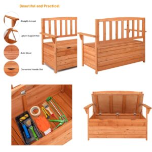 HMXD Cedar Wood Deck Box Bench, Storage Box with Backrest Armrest, All-Weather Yard Container Furniture for Tools, Toys, Outdoor Storage Bench Deck Box w/Seat for Backyard, Porch, Patio, Garden