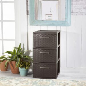 3-Drawer Wide Weave Design Storage Tower, Espresso Frame & Drawers w/Driftwood Handles, Brown, Case of 1 (Espresso)