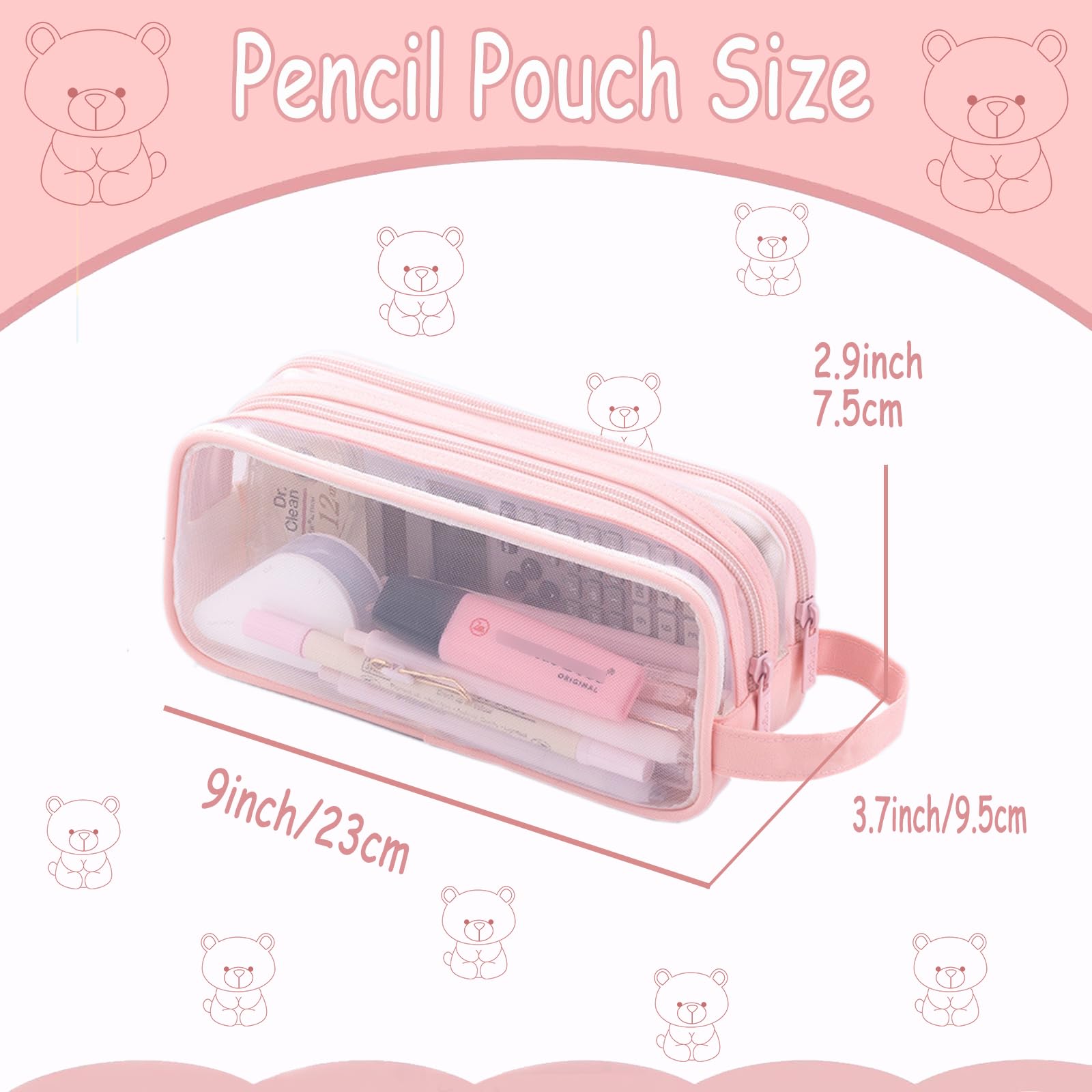 ACEIOT Large Capacity Mesh Pencil Case, Cute Pencil Case for Kids Students, Transparent Makeup Bag, Aesthetic Pencil Case Pouch, Preppy Pencil Case, Pink Pencil Pouch, Stationery Storage Bag