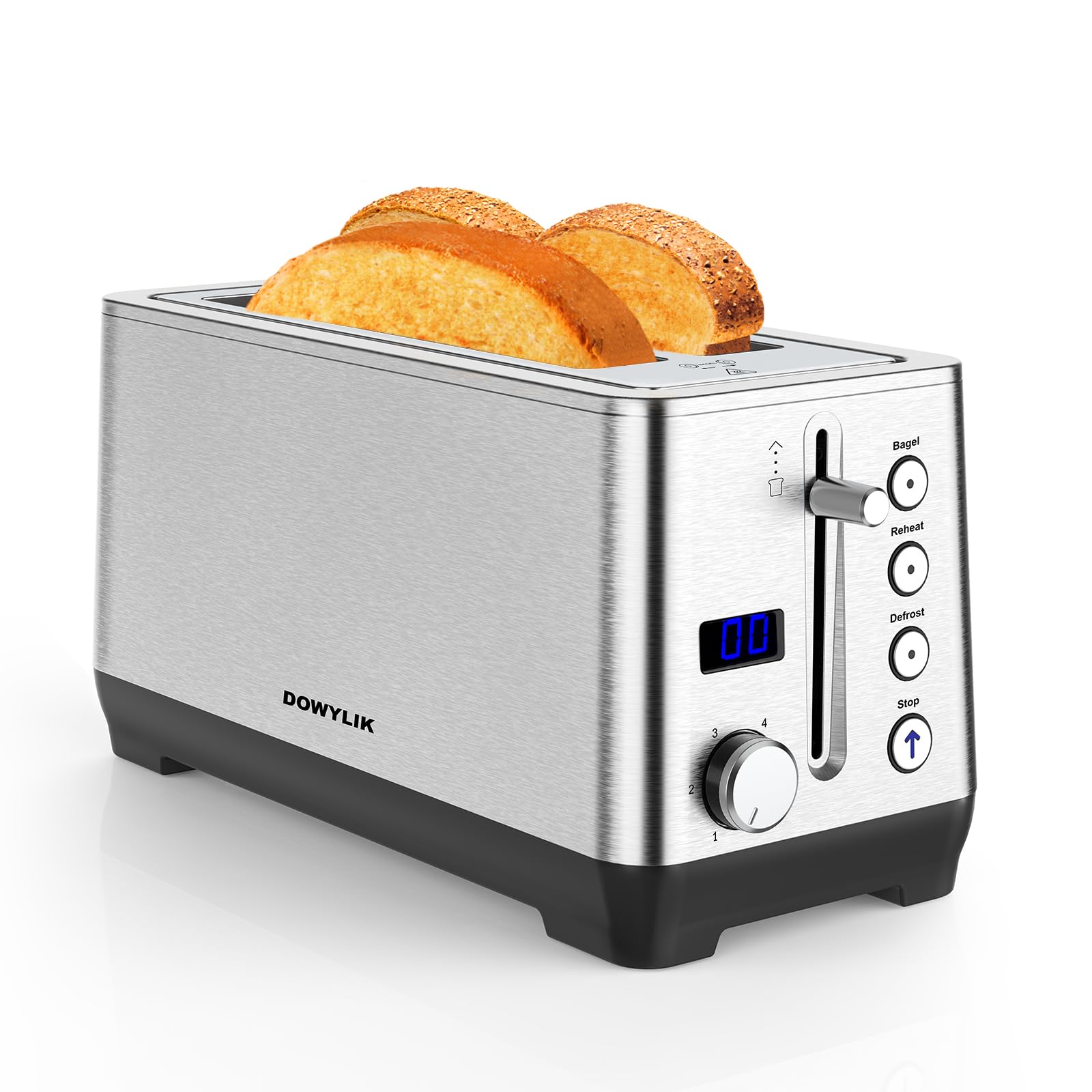 DOWYLIK Toaster 4 Slice, Extra-Wide Long Slot 4 Slice Toaster with Countdown Timer, Bagel/Reheat/Defrost/Cancel Functions, 6 Browning Setting, 1500W Brushed Stainless Steel