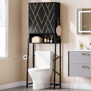 yitahome over the toilet cabinet, toilet cabinet for bathroom above toilet storage with open storage rack, tissue reel and hooks over the toilet organizer for bathroom, laundry, black