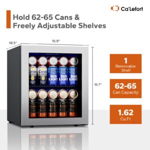 Ca'Lefort Beverage Refrigerator, 65 Can Mini Fridge Glass Door for Beer Soda 38-68°F, Freestanding Under Counter Beverage Cooler for Bedroom/Office/Bar, 1.62 Cu.Ft