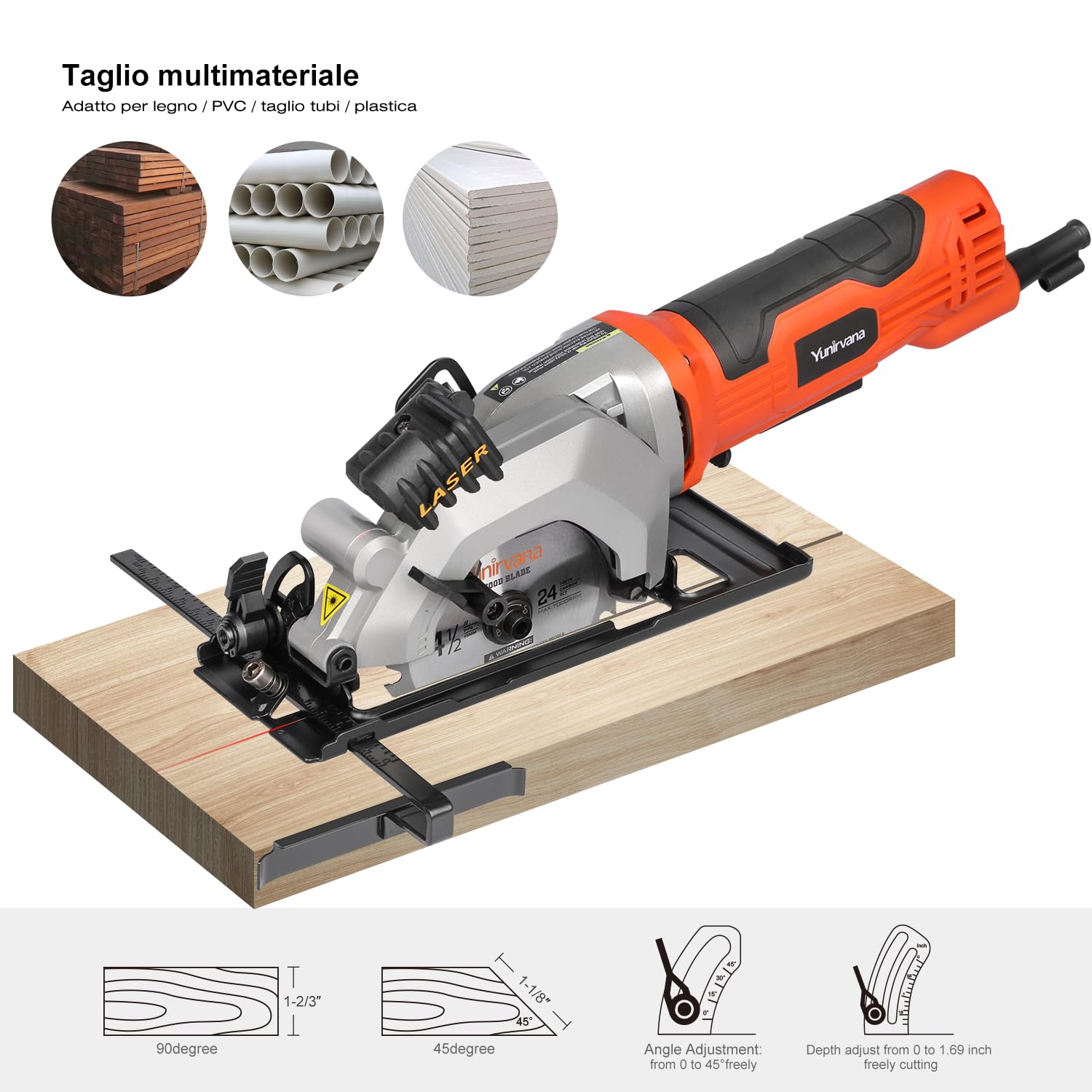 Yunirvana 4Amp 3500RPM Mini Circular Saw with Laser Guide, Vacuum Adapter, Blade Wrench and Rip Guide, Max. Cutting Depth1-5/8"(90°), 1-1/10"(45°）Compact Saw with 2 pcs 4-1/2" 24T TCT Blades