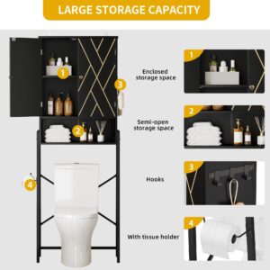 YITAHOME Over The Toilet Cabinet, Toilet Cabinet for Bathroom Above Toilet Storage with Open Storage Rack, Tissue Reel and Hooks Over The Toilet Organizer for Bathroom, Laundry, Black