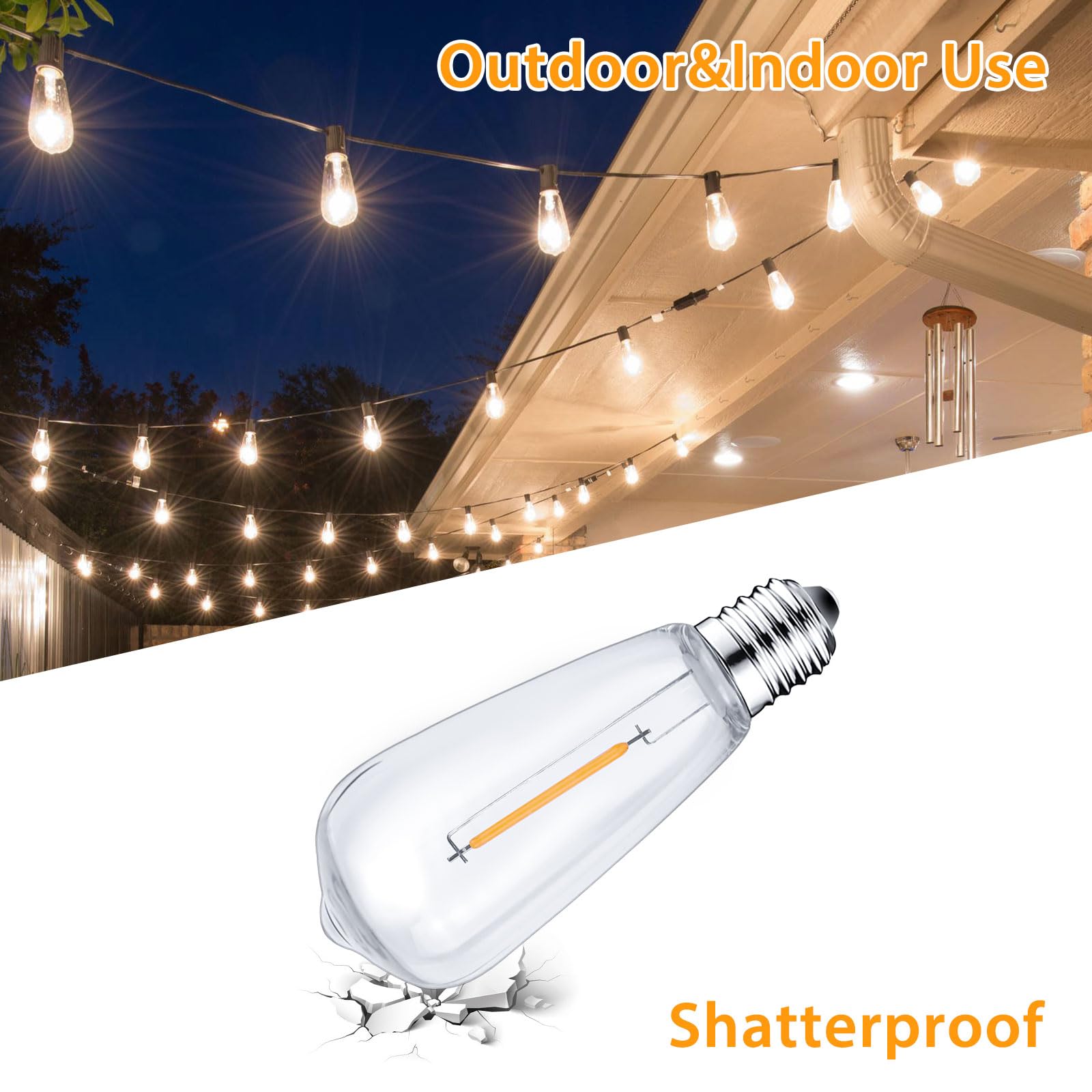 CXLHO 12Pack E17 LED Bulbs ST40 Replacement Light Bulbs, 0.6Watt Per Bulb, Waterproof Shatterproof Dimmable LED Replacement Bulbs for Indoor Outdoor Patio Wedding ST40 String Lights, Warm White, 2700K