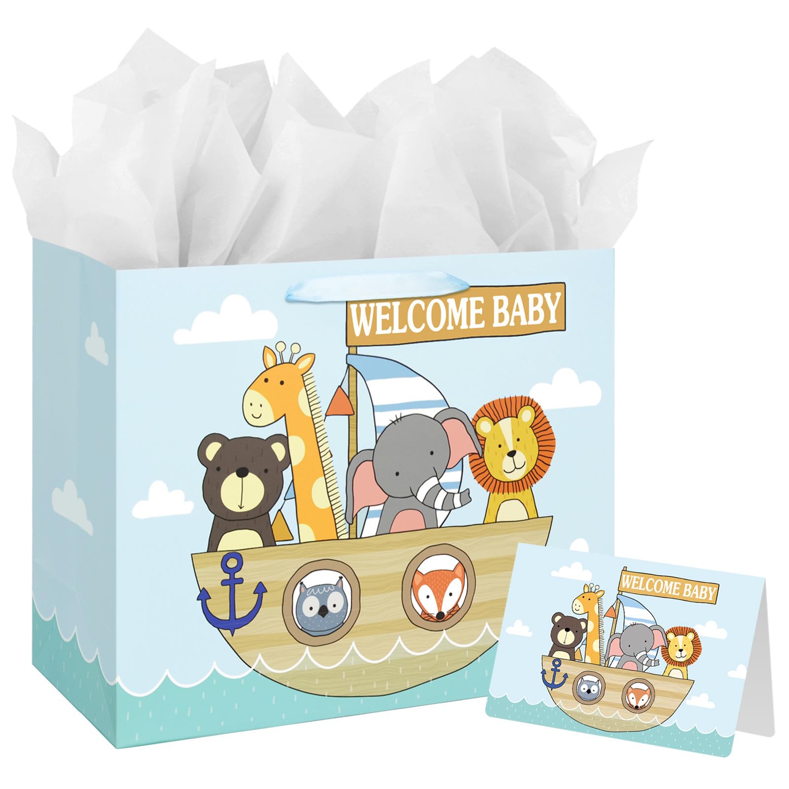 13" Large Baby Gift Bag with Card and Tissue Paper for Baby Shower,Kids Birthday (Animal)