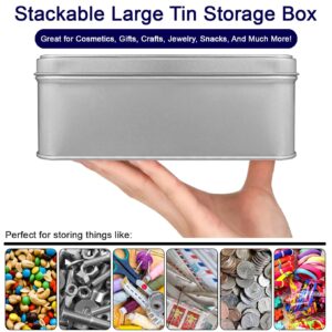 Silver Metal Tin Box with Secure Lid – Large Multipurpose Tin Can Storage Container for Jewelry, Crafts, Cookies, Pills, Gifts, Pencils and More - For Home and Office - 7.8 x 6 x2.8 inches